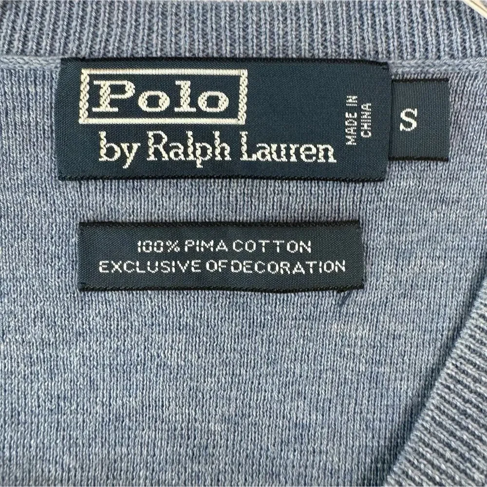 Polo Ralph Lauren Pima Cotton V Neck Sweater Blue Mens Small Yellow Pony